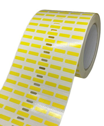 32 00001 - Etiketa 16,5 mm x 5 mm, 5 - Produkce, Polypropylen, Žlutá, Dutinka 76 mm, 12500 ks/kotouč, Silné lepidlo, Průměr kotouče 116 mm