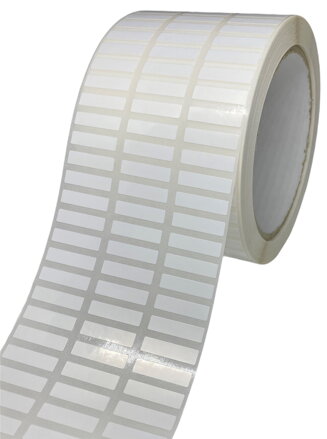 32 00384 - Etiketa 20 mm x 5 mm, 3 - Produkce, Polypropylen, Bílá, Dutinka 76 mm, 10000 ks/kotouč, Permanentní lepidlo