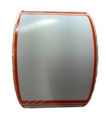 32 00431 - Etiketa 100 mm x 150 mm, Papír, Bílá s oranžovým potiskem, Dutinka 76 mm, 1000 ks/kotouč, Permanentní lepidlo, Průměr kotouče 175 mm