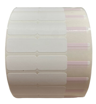 32 00687 - Etiketa 88 mm x 16 mm, Klenotnická, Polyethylen matný, Bílá, Dutinka 40 mm, 4000 ks/kotouč, Permanentní lepidlo, Průměr kotouče 135 mm