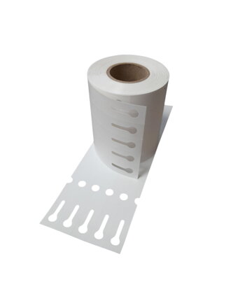 32 00937 - Etiketa zahradnická 20 mm x 300 mm, 5 - Produkce, Polypropylen, Bílá, Dutinka 40 mm, 500 ks/korouč, Průměr kotouče 82 mm.